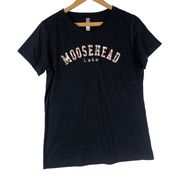 Moosehead Lake Maine T Shirt Medium Womens Navy Blue Raised Lettering Stitched - Picture 1 of 4